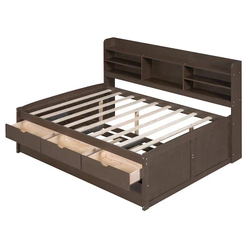 Antique Grey Full-Size Wooden Captain Bed with Built-in Bookshelves, Three Storage Drawers, and Trundle - image 6