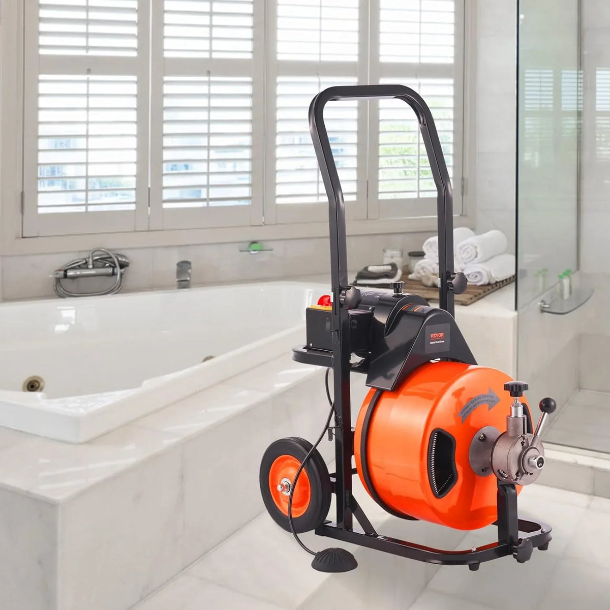 Drain Cleaner Machine 100FT x 1/2Inch, Auto Feed Sewer Snake Auger with 4 Cutter & Air-activated Foot Switch for 1" to 4" Pip