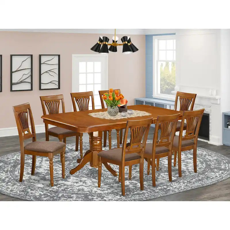 East West Furniture 9-Piece Saddle Brown Kitchen Dining Set - Rectangular Table with 8 Chairs (Various Seat Options) - image 1
