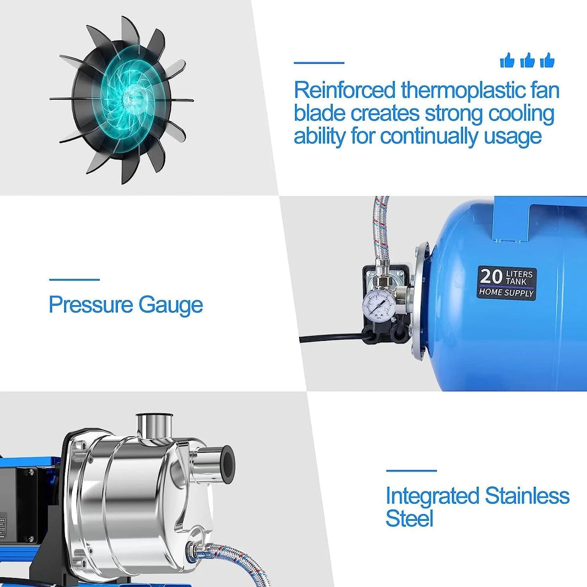 1.6HP Shallow Well Pump with Pressure Tank 1268 GPH Stainless Steel Jet Pump Transfer Drainage Booster Pump Garden Sprinkler 